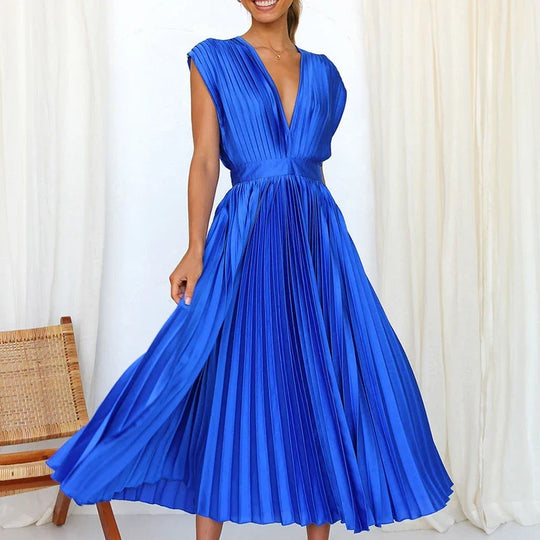 Elegante plissé maxi-jurk met diepe V-hals