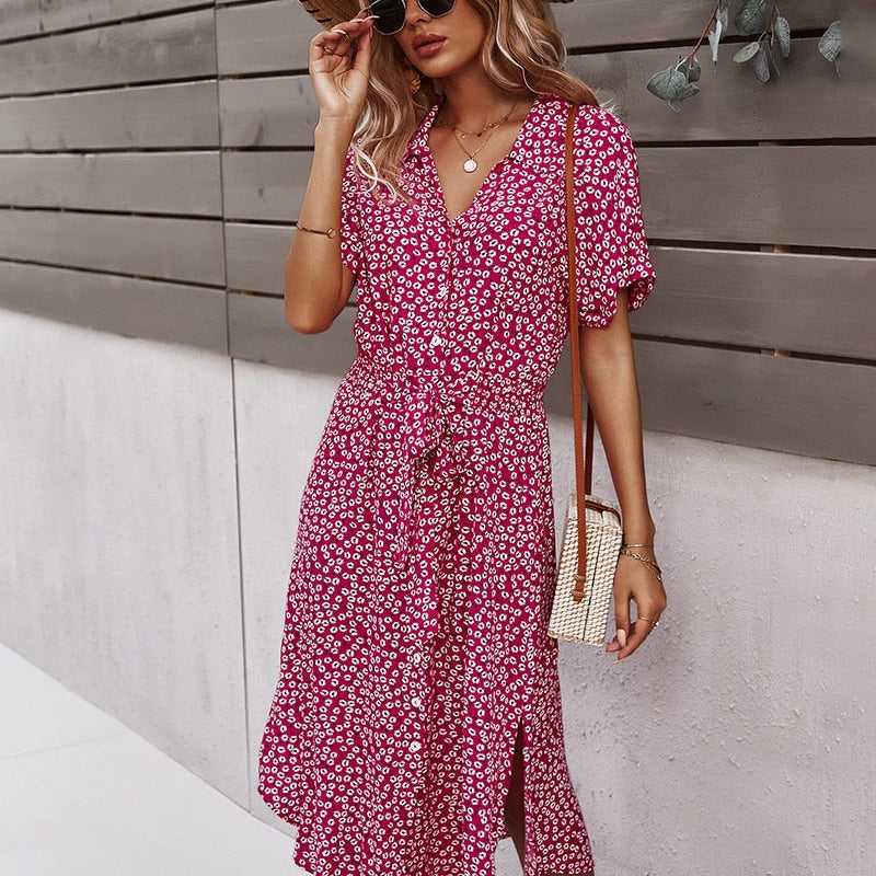 Bloemen Midi Jurk met Strik en Asymmetrische Onderkant