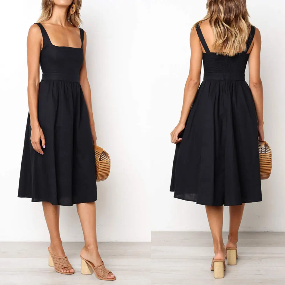 Zomer dames midi jurk met brede schouderbanden