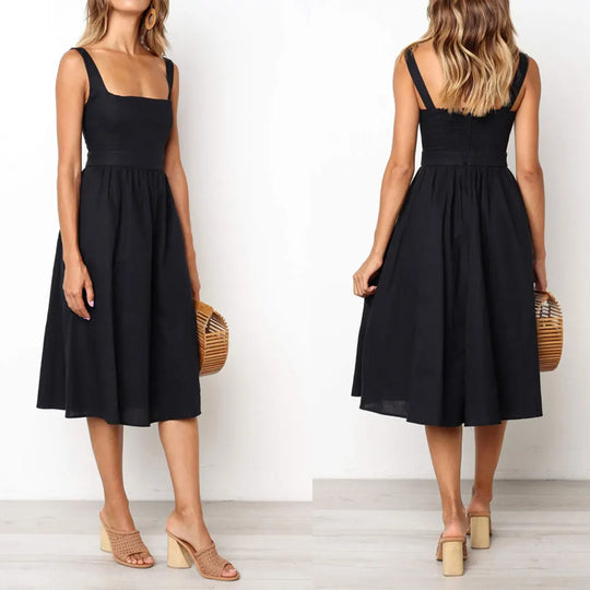 Zomer dames midi jurk met brede schouderbanden