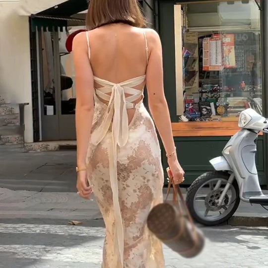 Elegante Maxi-jurk met Kantpatroon en Strik op de Rug