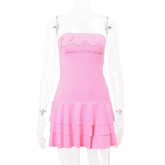 Mini-jurk zonder schouderbandjes met ruffles