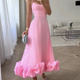 Elegante midi-jurk met spaghettibandjes en ruches