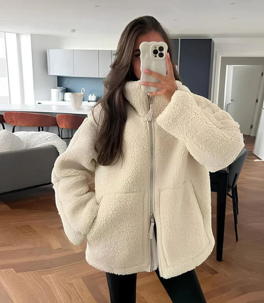Dames Oversized Fleece Jas met Rits en Hoge Kraag | Comfortabele Pluche Winterjas