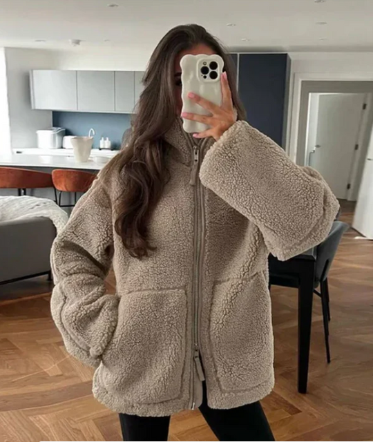 Dames Oversized Fleece Jas met Rits en Hoge Kraag | Comfortabele Pluche Winterjas