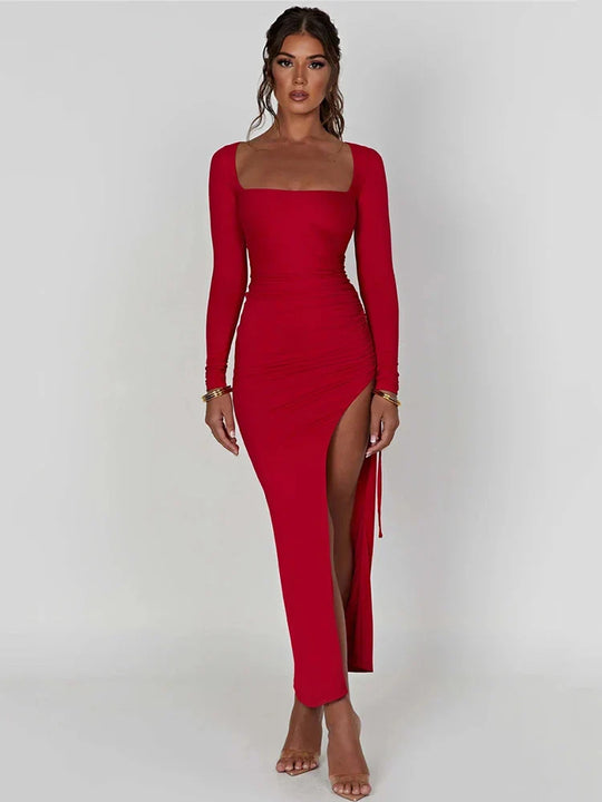Dames Maxi Jurk met Lange Mouwen en Asymmetrische Splits