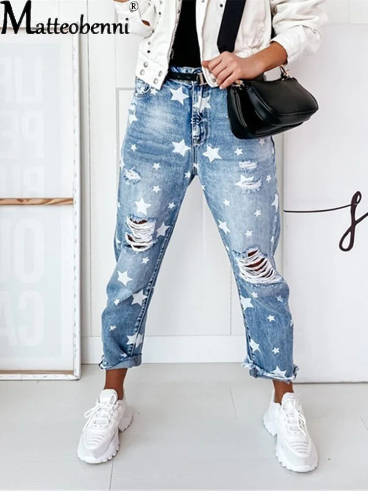 Dames Jeans met Sterrenpatroon en Slijtage