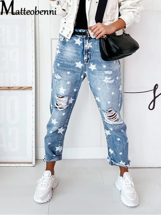 Dames Jeans met Sterrenpatroon en Slijtage