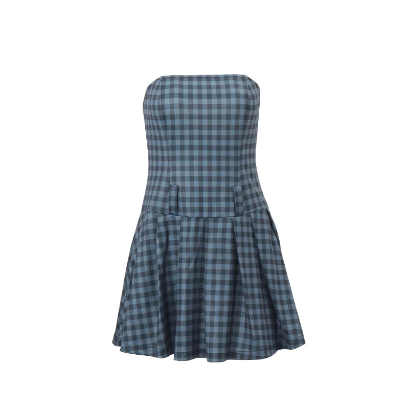 Geruite Mini Jurk zonder Schouderbandjes met Riem