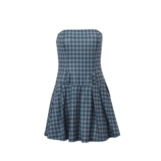 Geruite Mini Jurk zonder Schouderbandjes met Riem