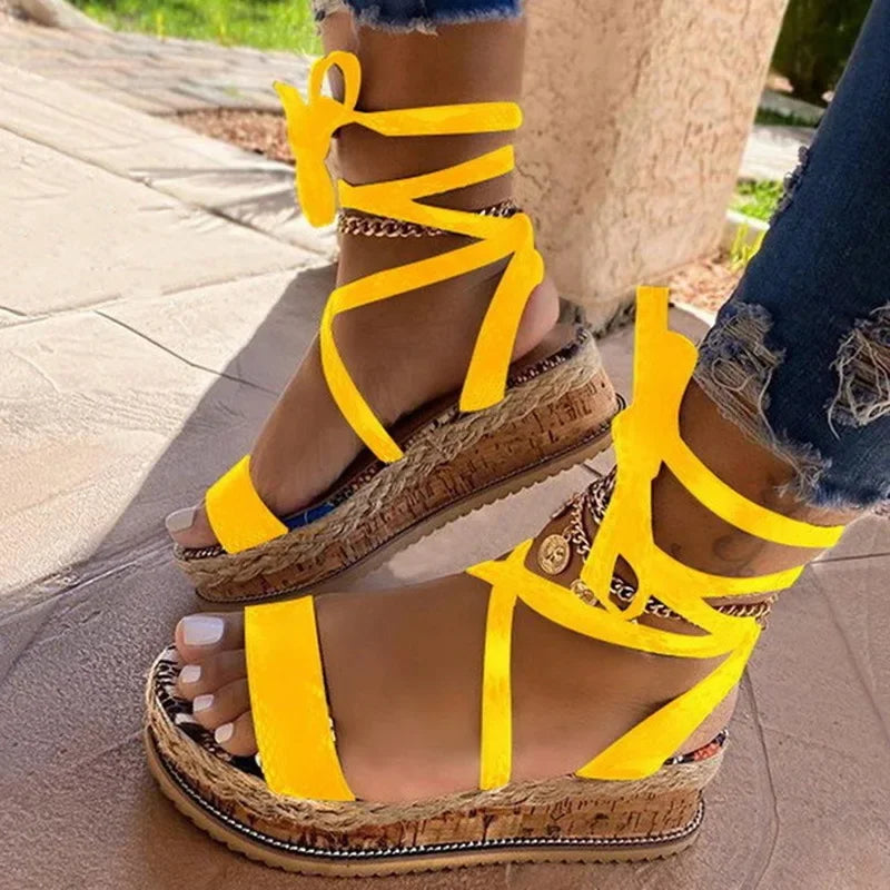 Dames Sandalen op Platform met Gevlochten Zolen en Vetersluiting