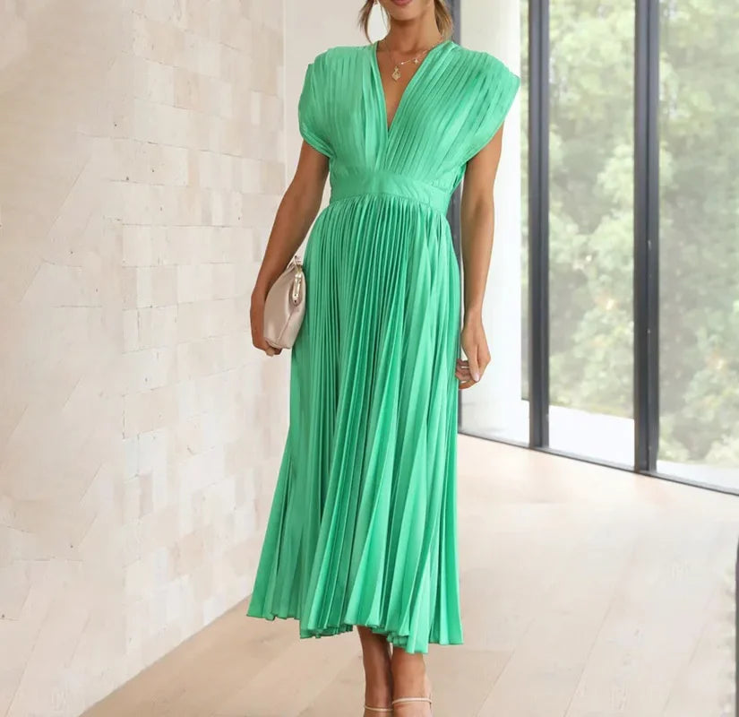 Elegante plissé maxi-jurk met diepe V-hals