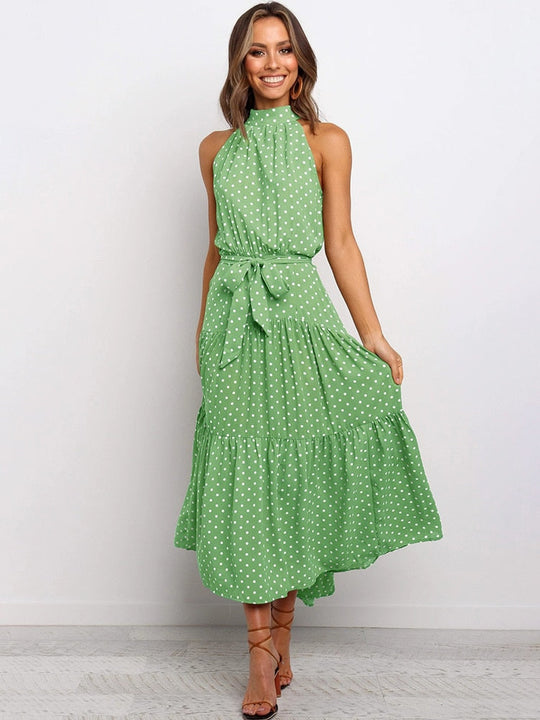 Elegante Midi Jurk met Stipjes en Halsband