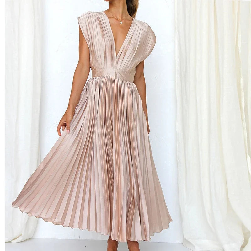 Elegante plissé maxi-jurk met diepe V-hals