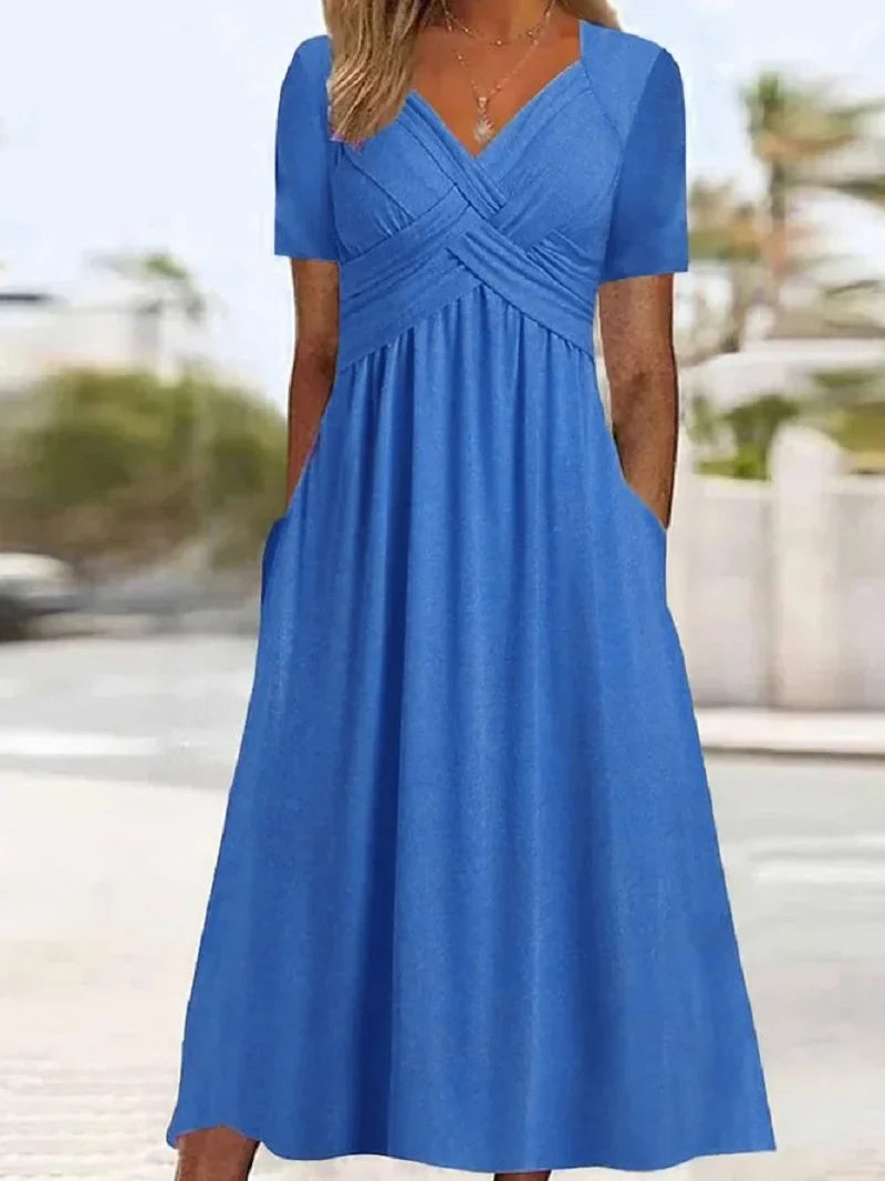 Elegante Midi Jurk met Korte Mouwen en Zakken