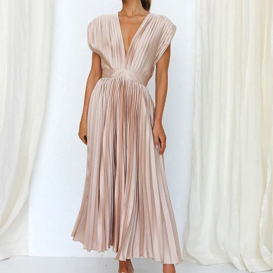 Elegante plissé maxi-jurk met diepe V-hals
