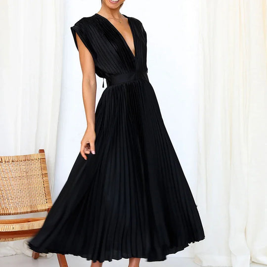 Elegante plissé maxi-jurk met diepe V-hals