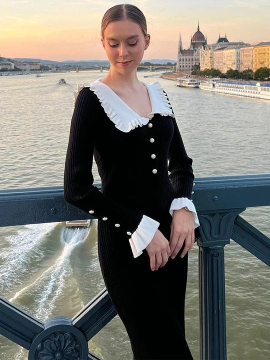 Dames getailleerde midi-jurk met ruffles en lange mouwen