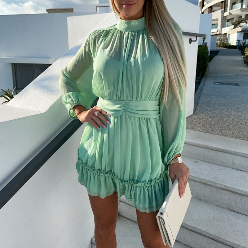 Plissé Jurk met Ruffles en Lange Mouwen