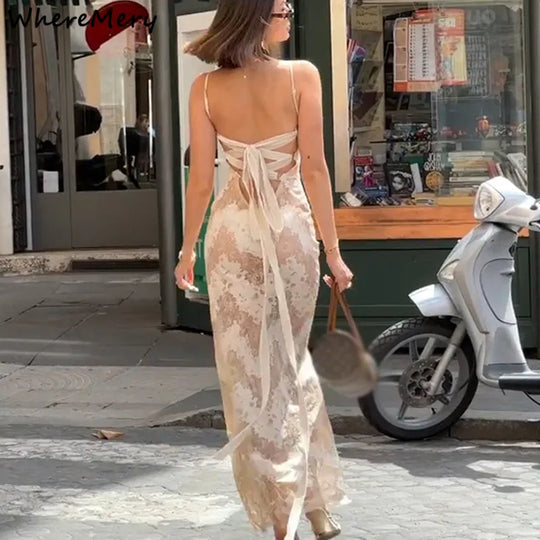 Elegante Maxi-jurk met Kantpatroon en Strik op de Rug