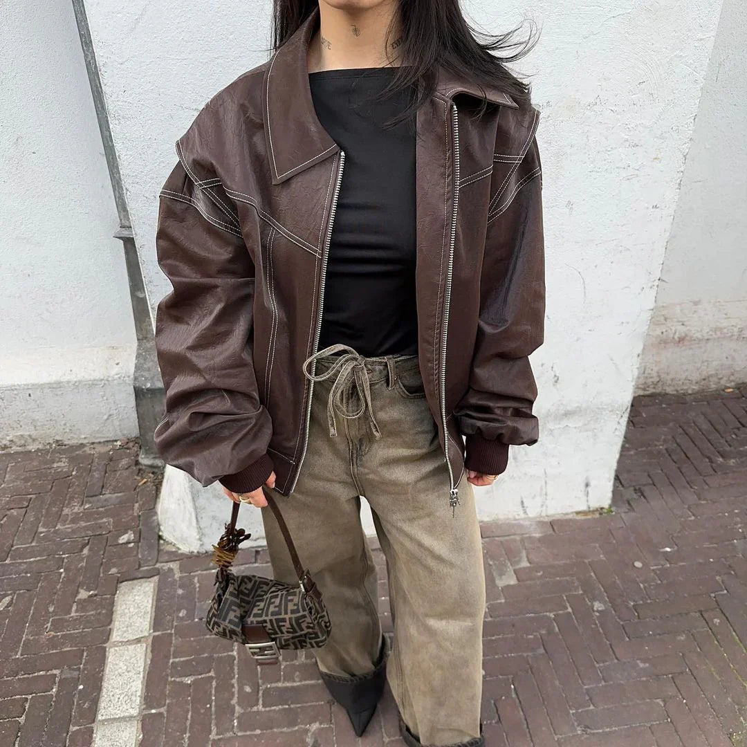 Oversized Leren Jas Dames – Trendy Semi-Leren Jacket met Rechte Pasvorm en Knoopsluiting