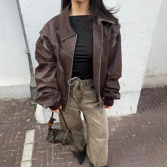 Oversized Leren Jas Dames – Trendy Semi-Leren Jacket met Rechte Pasvorm en Knoopsluiting