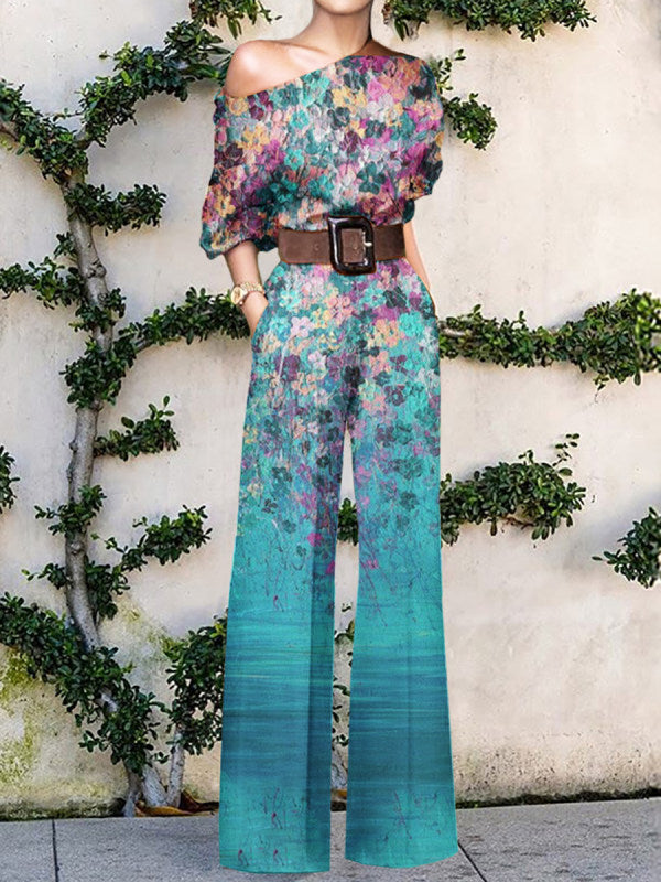 Dames Eén Schouder Wijde Pijpen Jumpsuit met Artistiek Print Ontwerp