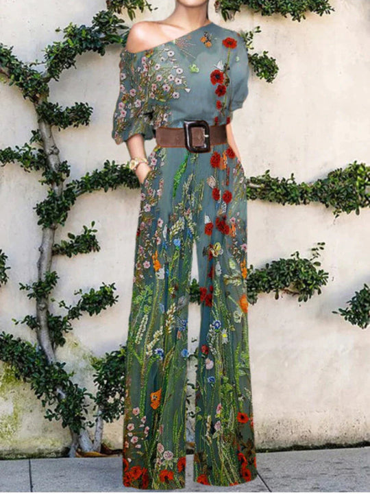 Dames Eén Schouder Wijde Pijpen Jumpsuit met Artistiek Print Ontwerp