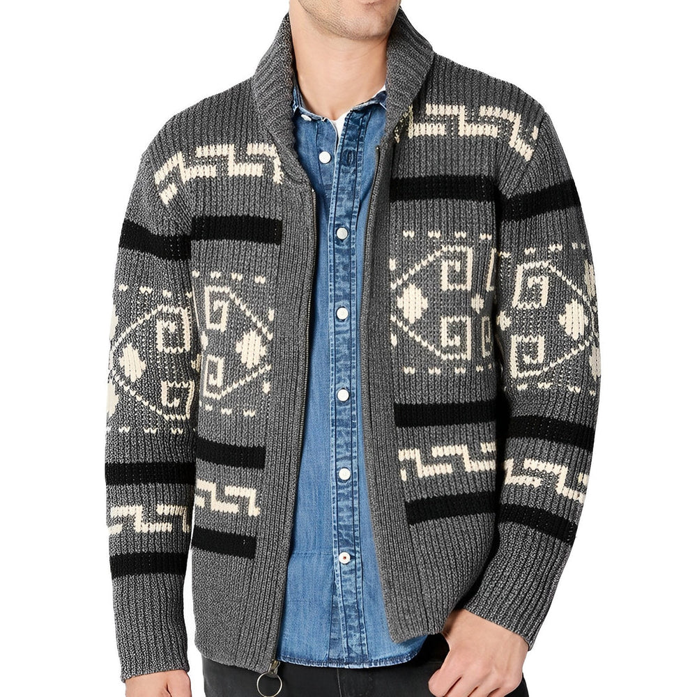 Heren Tribal Gebreide Zip-Up Cardigan met Sjaalkraag en Patroonontwerp