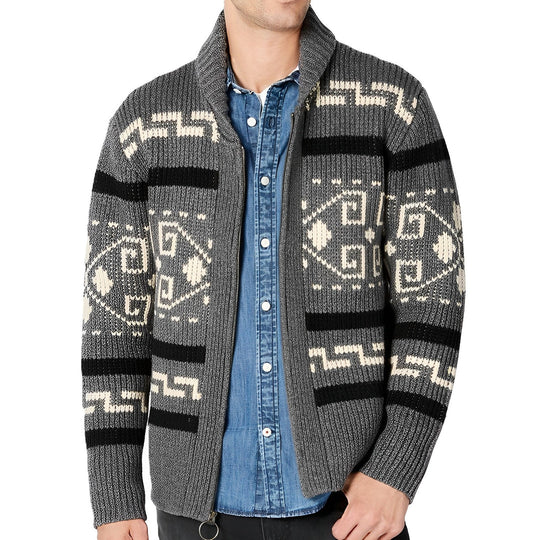 Heren Tribal Gebreide Zip-Up Cardigan met Sjaalkraag en Patroonontwerp
