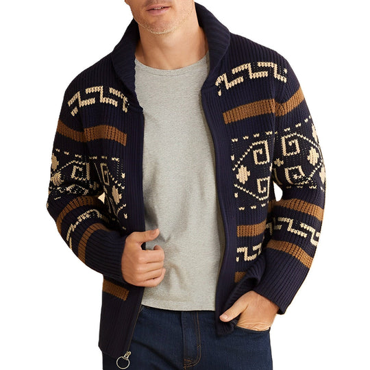Heren Tribal Gebreide Zip-Up Cardigan met Sjaalkraag en Patroonontwerp