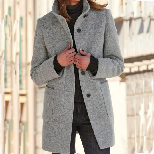 Dames Wol Winterjas | Elegante Lange Jas | Knopsluiting Warme Buitenkleding | Tijdloze Koude-Weer Stijl