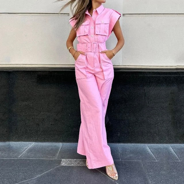 Dames Mouwloze Jumpsuit met Ceintuur en Brede Benen