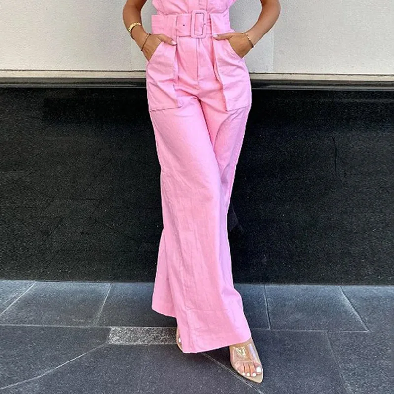 Dames Mouwloze Jumpsuit met Ceintuur en Brede Benen