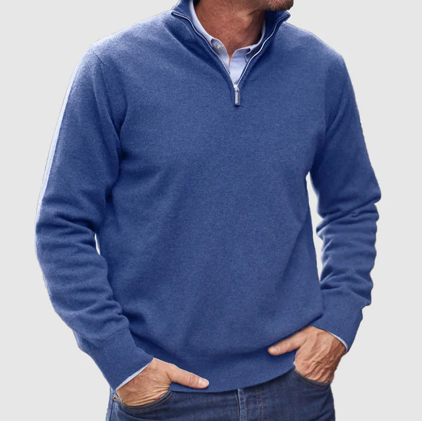 Heren Half-Zip Gebreide Trui met Staande Kraag en Geribbelde Mouwen