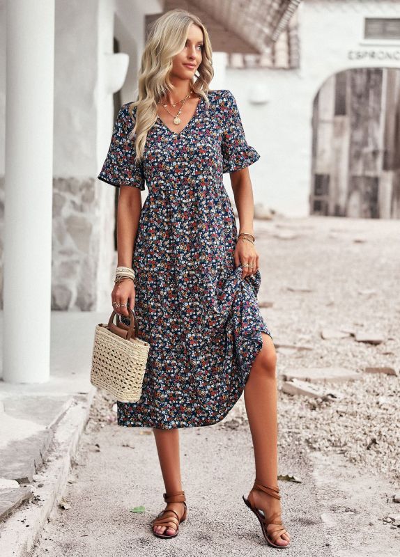 Elegante dames midi-jurk met bloemenpatroon