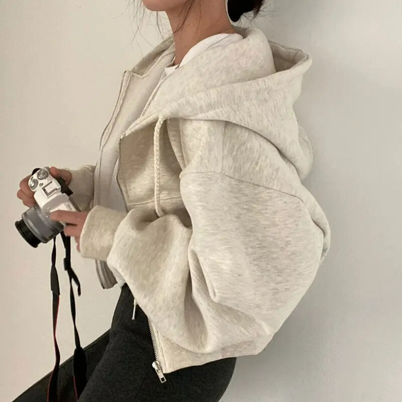 Dames Oversized Cropped Zip-Up Hoodie met Zakken