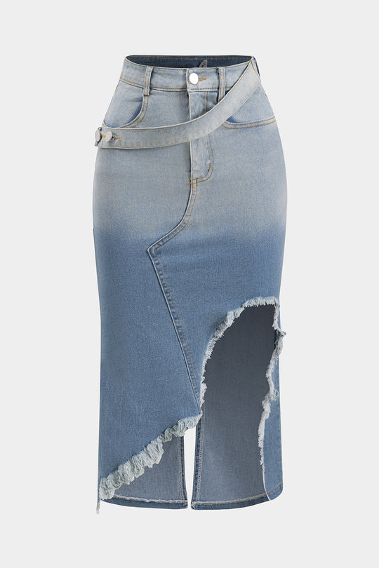 Gerimpelde One Shoulder Asymmetrische Touwtop en Denim Gewassen Knopzak Splitrok Set