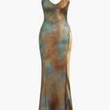 Tie Dye V-hals Satijnen Maxi Jurk