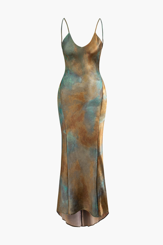 Tie Dye V-hals Satijnen Maxi Jurk