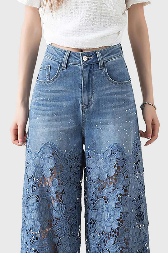 Kant Uitsnede Patchwork Wijde Pijpen Jeans