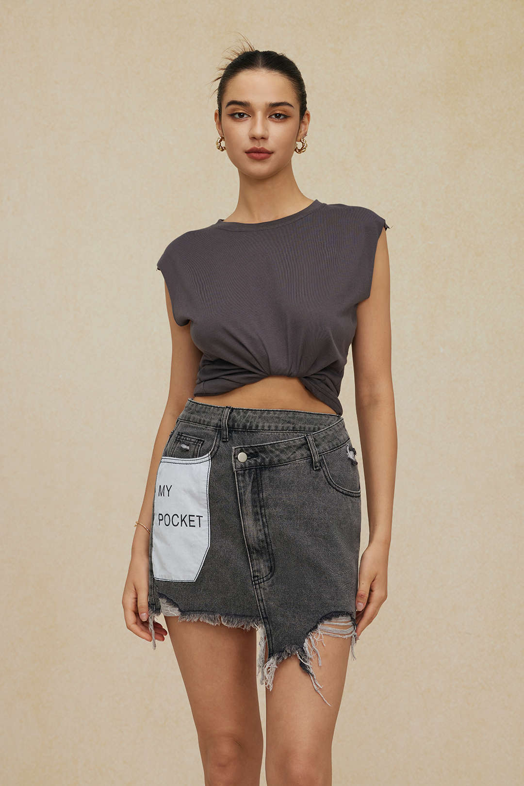Brief Print Versleten Hem Denim Rok
