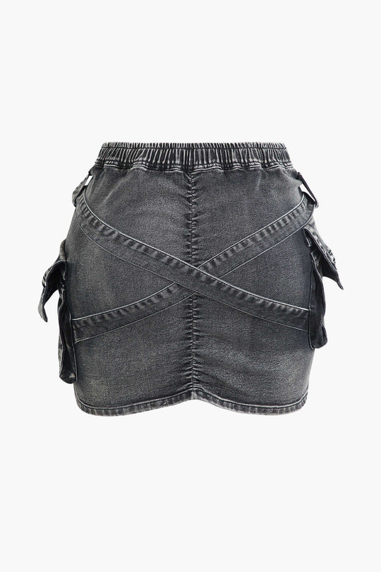 V-taillering Gesp Flap Pocket Denim Cargo Rok