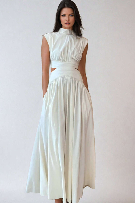 Mock Neck Cut Out Plissé Maxi Jurk