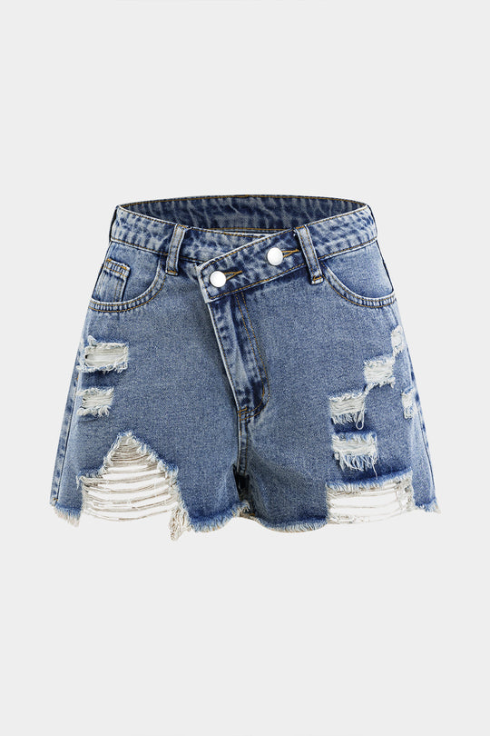 Denim Asymmetrische Gescheurde Knopzak Shorts