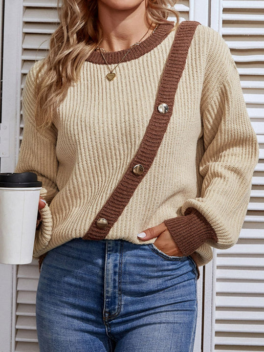 Dames Trui | Contrast Knop Detail | Ribgebreide Lange Pasvorm met Lantaarnmouwen