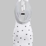 Polka Dots Patroon Kanten Rimpel Halter Nek Tie Up Rugloze Mini Jurk
