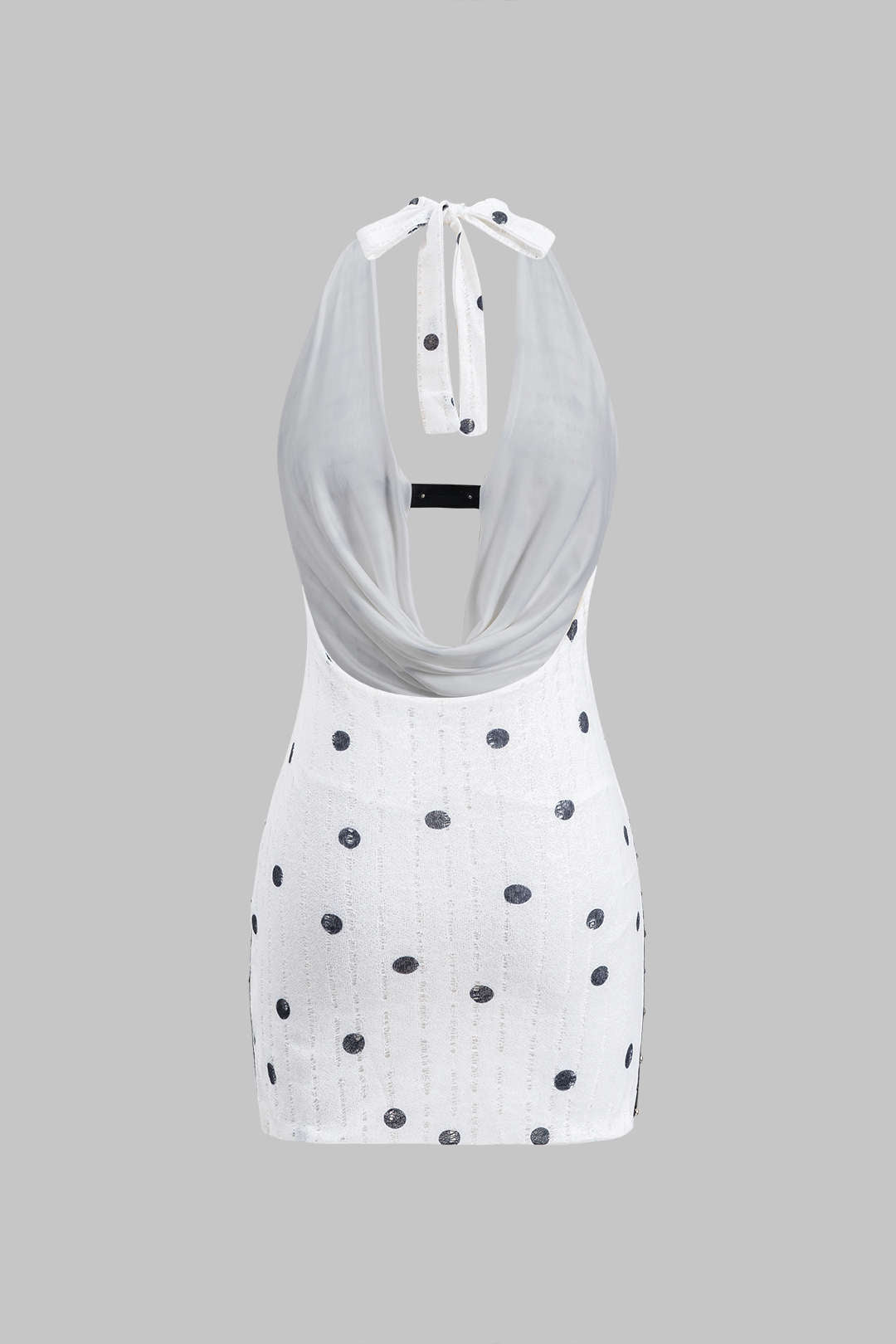 Polka Dots Patroon Kanten Rimpel Halter Nek Tie Up Rugloze Mini Jurk