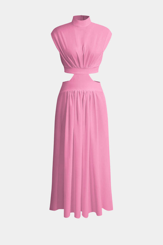 Mock Neck Cut Out Plissé Maxi Jurk