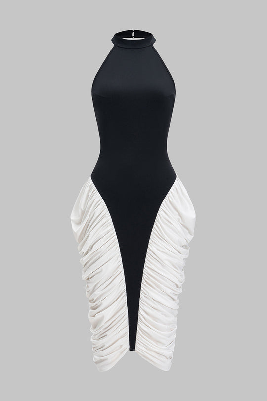 Rugloze Halter Nek Rimpel Mouwloze Midi Jurk
